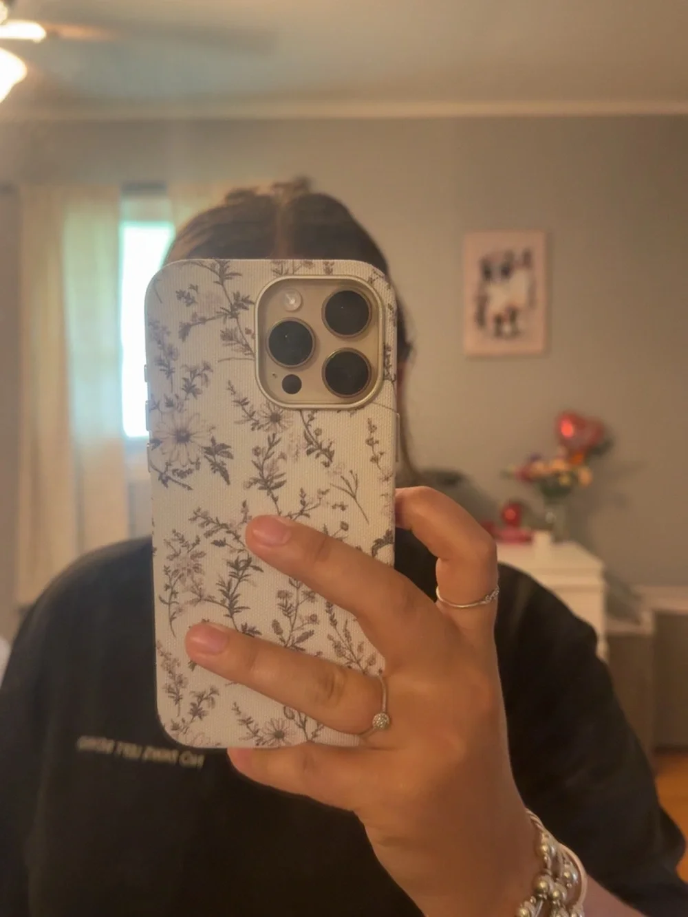 White Floral Protective Phone Case with Black Botanical Pattern